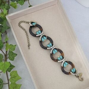 Boho Tortoise Shell Link Bracelet With Turquoise And Rhinestone Accents